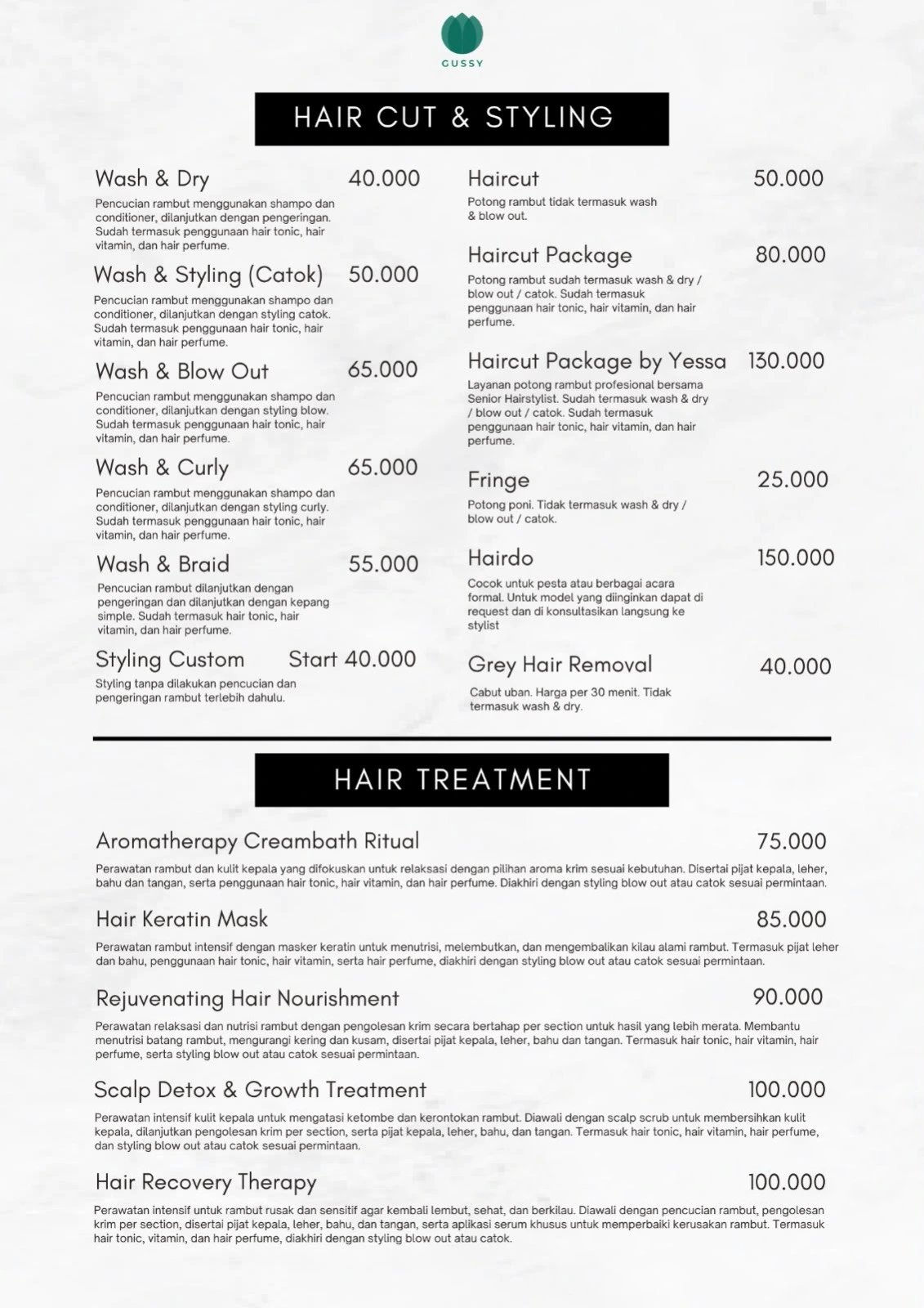 Buku menu Gussy Salon, halaman 1: Potong, styling & perawatan rambut. Buka gambar untuk membaca rincian harga.