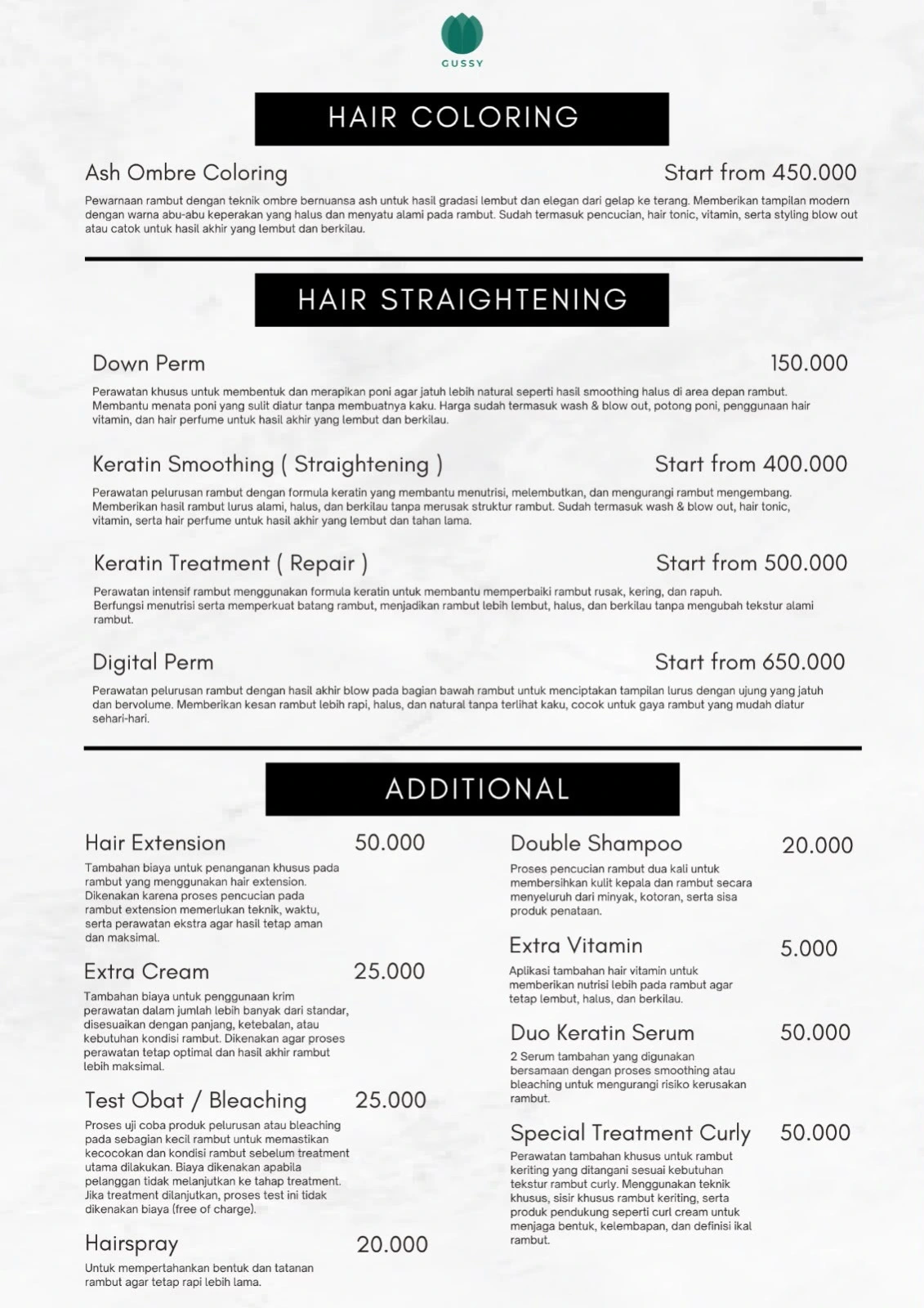 Buku menu Gussy Salon, halaman 3: Ombre, pelurusan & layanan tambahan. Buka gambar untuk membaca rincian harga.