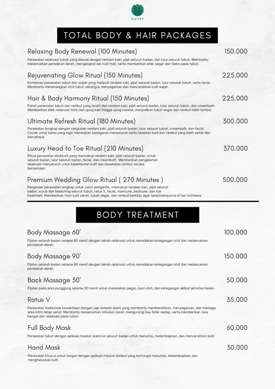 Buku menu Gussy Salon, halaman 4: Paket perawatan & pijat tubuh. Buka gambar untuk membaca rincian harga.