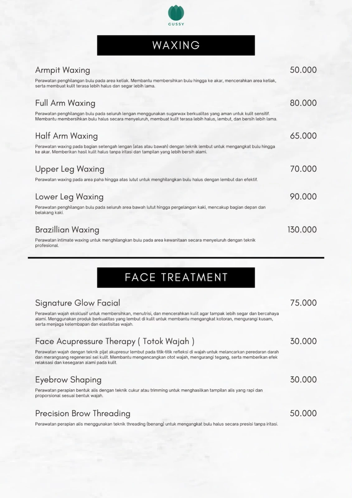 Buku menu Gussy Salon, halaman 6: Waxing & perawatan wajah. Buka gambar untuk membaca rincian harga.