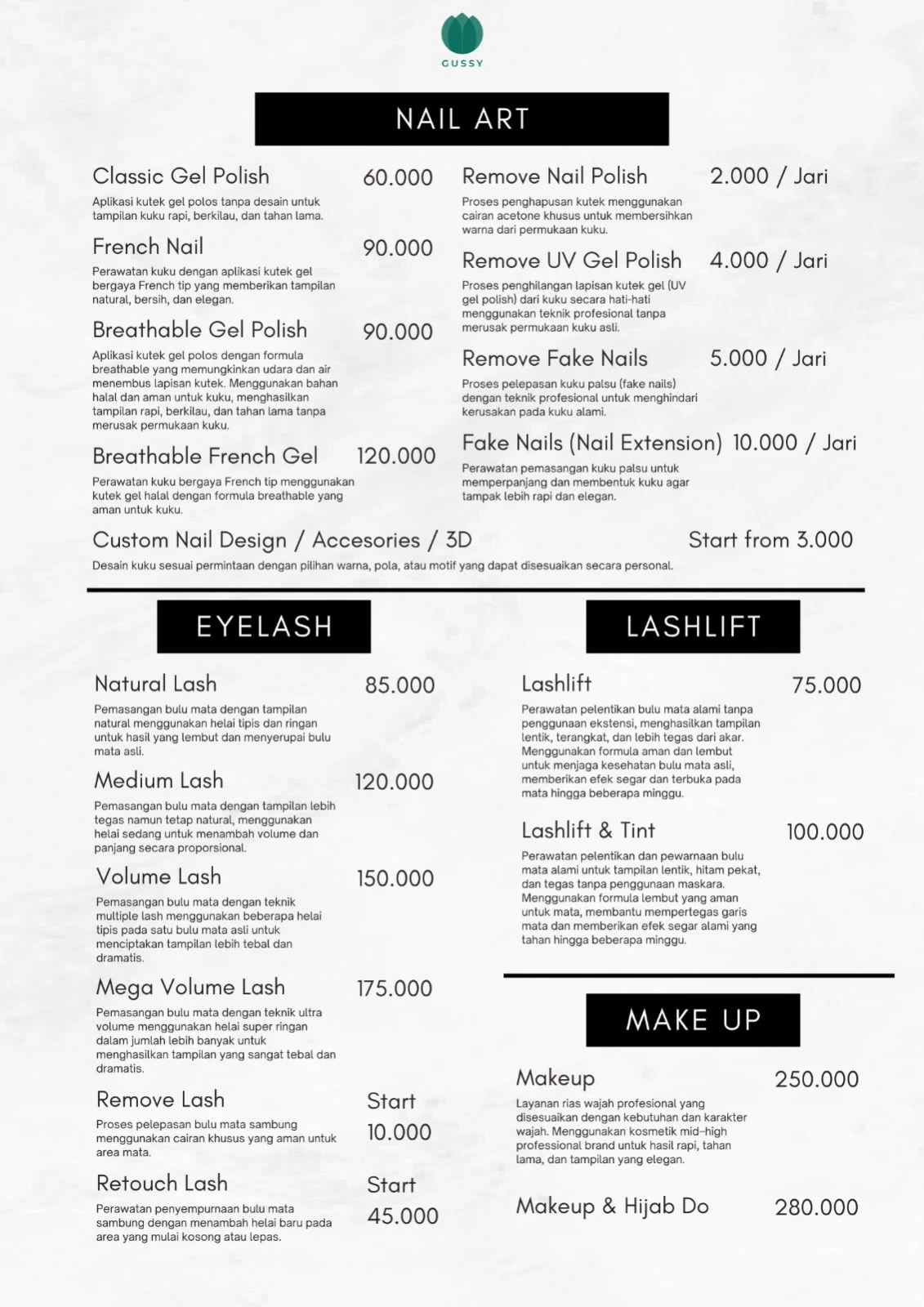 Buku menu Gussy Salon, halaman 7: Nail art, bulu mata & makeup. Buka gambar untuk membaca rincian harga.